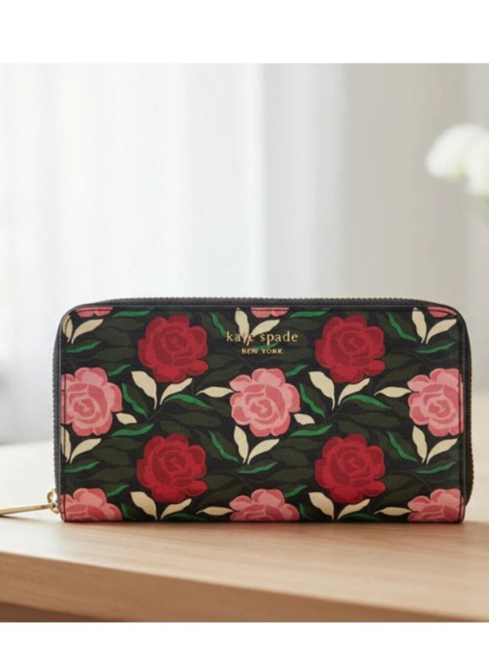 Kate Spade Morgan Continental Wallet Floral Black Pink Roses Zip Around